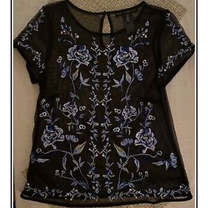White House Black Market Embroidered￼floral mesh  black top
